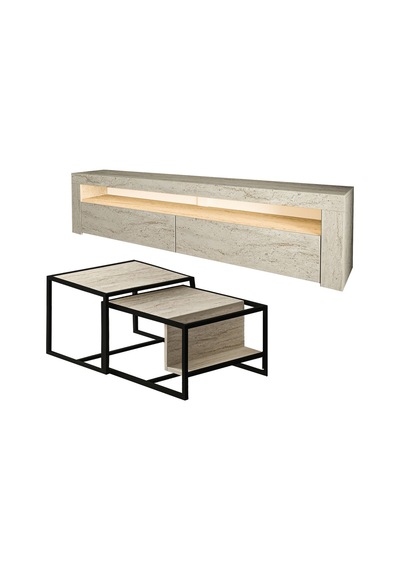 Batı Led Işıklı Tv Sehpası Ve Modern İkili Orta Sehpa Set Traverten