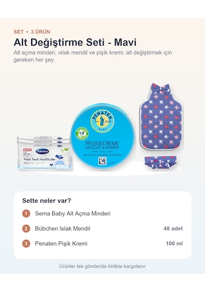 Alt Değiştirme Seti 3 Parça: Sema Baby Alt Açma Minderi + Bübchen Islak Mendil + Pişik Kremi - Mavi
