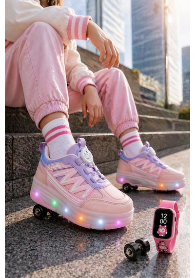 Muggo Sky Çocuk Işıklı Patenli Tekerlekli Sneaker Spor Ayakkabı Pudra