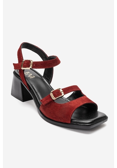 Luvi Shoes Yolen Kırmızı Süet Hakiki Deri Kadın Kalın Topuklu Sandalet