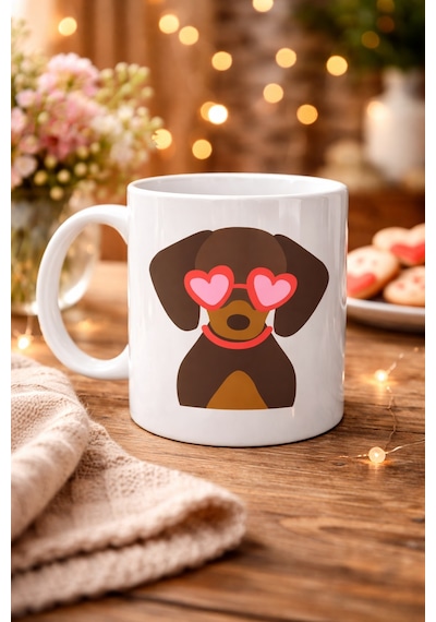 Sevimli Dachshund Sosis Köpek Desenli Porselen Kupa Model 47 Kalpli Gözlüklü Köpek Figürlü, Hediye Kupası Diğer