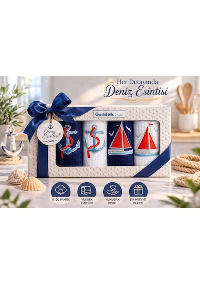 Özdilek Deniz Temalı 4 Lü Nakışlı Mutfak & El Havlusu Seti 40x60 Cm %100 Pamuk Ultra Yumuşak, Yüksek Emicilik, Şık Hediye Kutulu 4 Renk