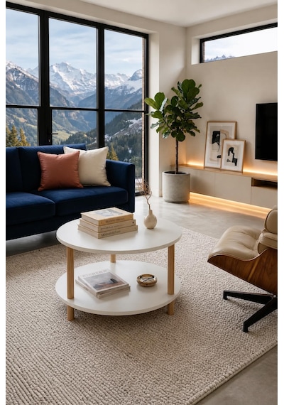 Oval Modern Kolay Kurulum İki Katlı Yuvarlak Orta Sehpa Raflı Şık Dayanıklı Beyaz