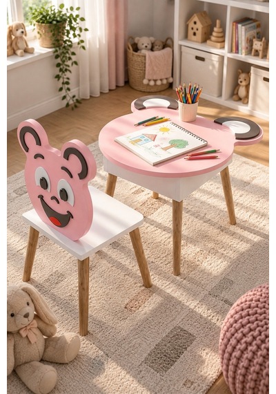 Sulorahome Happy Face Çocuk Masa Ve Sandalye Seti Pembe Pembe - Beyaz