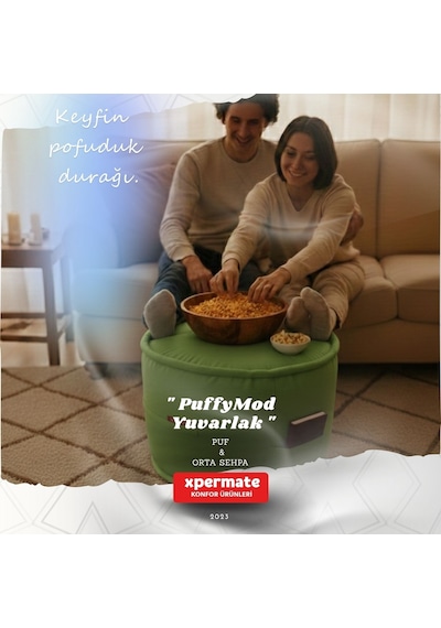 Dekoratif Yuvarlak Puf Orta Sehpa Puf 60x42 Cm Puffymod Yeşil