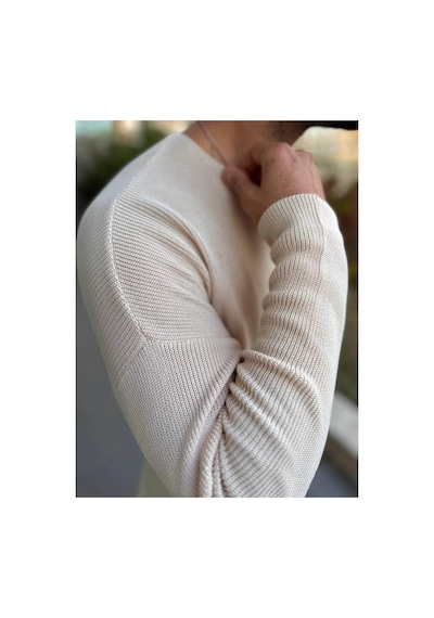 Elku Moda Kazak Oversize Örme Natural Pamuk Tüylenmeyen Kazak Salaş Tarz Triko Sweatshirt Dökümlü Model Açık Bej