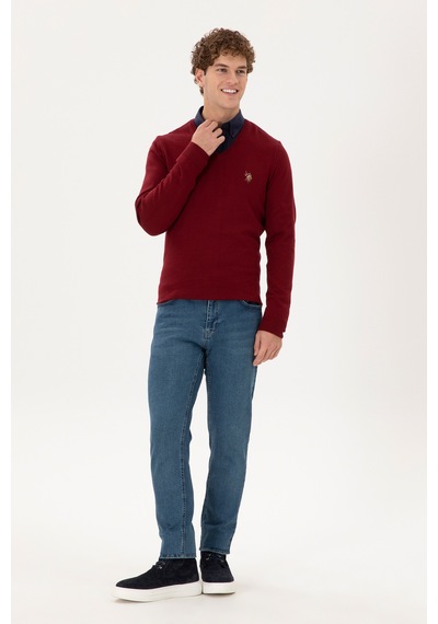 U.S. Polo Assn. Erkek Slim Fit V Yaka Bordo Basic Kazak 50288885-VR014