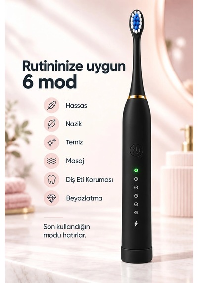 Exenar - Siyah - Şarjlı Elektrikli Diş Fırçası Dupont Yumuşak Kıllı 6 Mod 4 Yedek Başlıklı Ipx7 Su Geçirmez