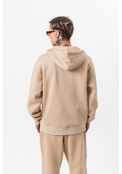 Erkek Respire Yazı Detaylı Kapüşonlu Basic Zip Oversize Hoodie Bej