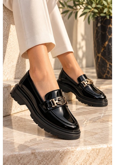 Modafocus Altın Tokalı Rugan Ortopedik Loafer - Siyah Siyah