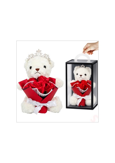 Pvc Kutulu,pelüş Ayıcıklı Ve Metal Taçlı Çiçek Buketi 28cmx18cm Renkli
