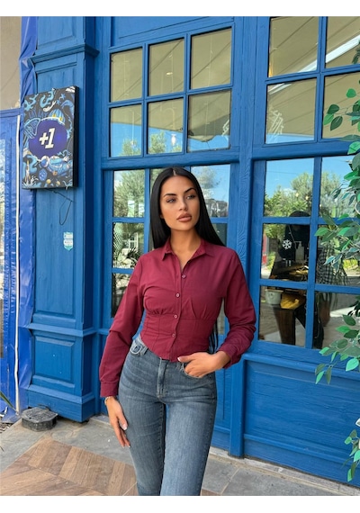 WeShaya Bordo Pamuk Polyester Parçalı Gömlek Bordo