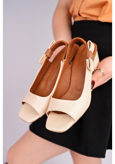 Nesilshoes Nesil Shoes Gabbel 201 Bej Arkası Lastik Kadın Sandalet