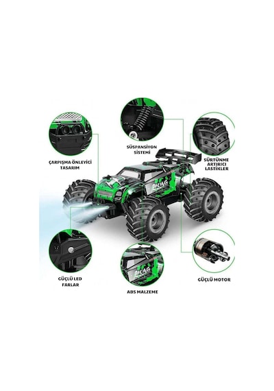 Oyuncak 2.4 Ghz Uzaktan Kumandalı Şarjlı Led Işıklı Drift Atan 15 Km Hız Off Road 45 Dk Batarya Yeşil