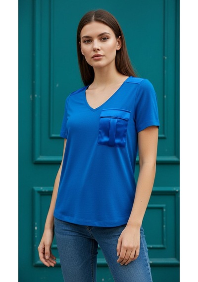 Mavi Saten Cepli Kadın T-shirt Renkli