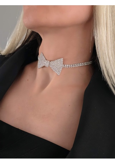 Papyon Model Rhinestone Choker Tasma Model Gümüş Renk Kolye Silver Çok Renkli