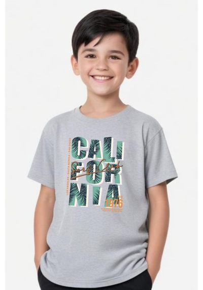 Panios Kids Cali Baskılı Erkek Çocuk Yuvarlak Yaka Kısa Kollu T-shirt Gri