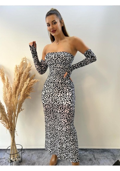 Pink Life Beyaz Tül Üzeri Flog Baskılı Leopar Desenli Kolluk