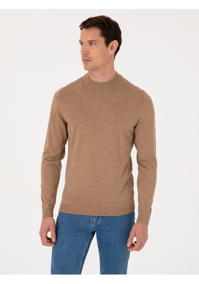 Cacharel Camel Slim Fit Yün Karışımlı Çeyrek Balıkçı Yaka Basic Triko Kazak Kahverengi