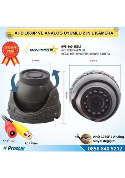Mikrofonlu Ahd 1080p Ve Analog Pal Dönüşümlü Gece Görüşlü Mini Metal Dome Araç Kamerası