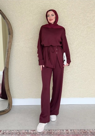 Kadın Salaş Eteği Düğmeli Bluz Pantolon Takım Bordo