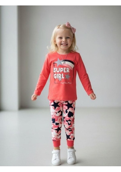 Kız Çocuk Super Girl Yazılı Simli Baskılı Uzun Kollu Pijama Takımı-16828 Pembe