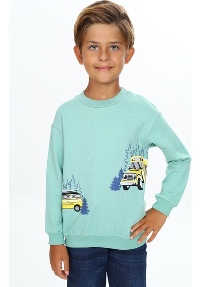 Toontoy Kids Toontoy Erkek Çocuk Relax Fit Bisiklet Yaka Hafif Düşük Omuz Baskılı Sweatshirt - 2 İplik Yeşil