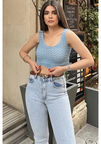 WeShaya Kadın Mavi Ajurlu Merserize Triko Örme, Terletmez, Askılı Crop Bluz Mavi