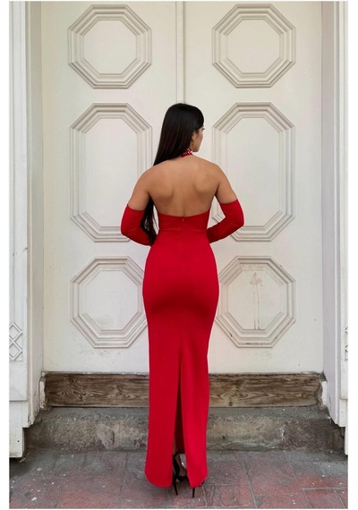 DefyModa Kadın Balıkçı Yaka Balık Kesim Uzun Kollu Abiye Elbise Kırmızı