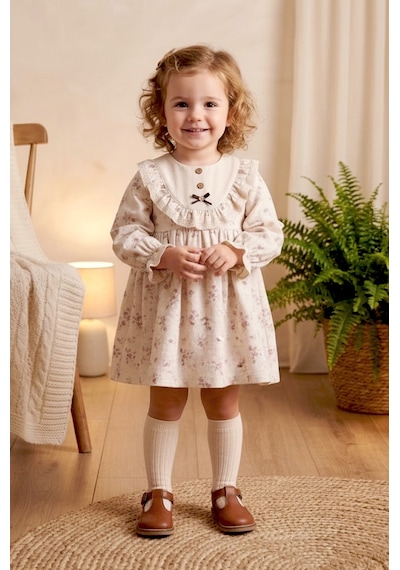 Babymod Fırfırlı Çiçekli 100% Pamuk Müslin Kız Bebek Elbise Bej