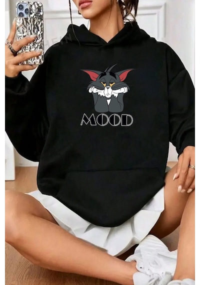Uyguntarz Mood Baskılı Unisex Oversize Sweatshirt siyah