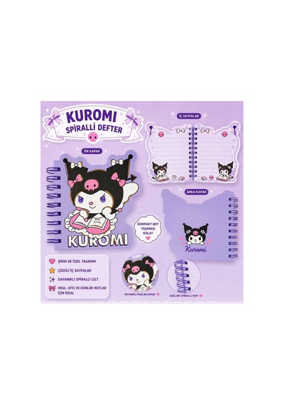 Sanrino Kuromi Spiralli Defter Çizgili Özel Kesim Mor Mini Boy 1 1