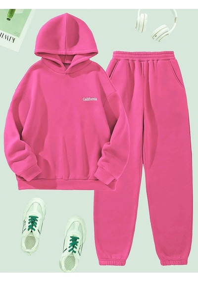 California Yazılı Eşofman Takımı Sweatshirt Jogger - Pembe Baskılı Oversize Şardonlu Kapüşonlu Pembe California Yazılı Eşofman Takımı Sweatshirt Jogger - Pembe Baskılı Oversize Şardonlu Kapüşonlu Pembe
