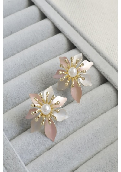 Kadın Küpe Kararmaz 14k Renk Vip Seri Pastel İnci Çiçek 3cm Küpe Altın