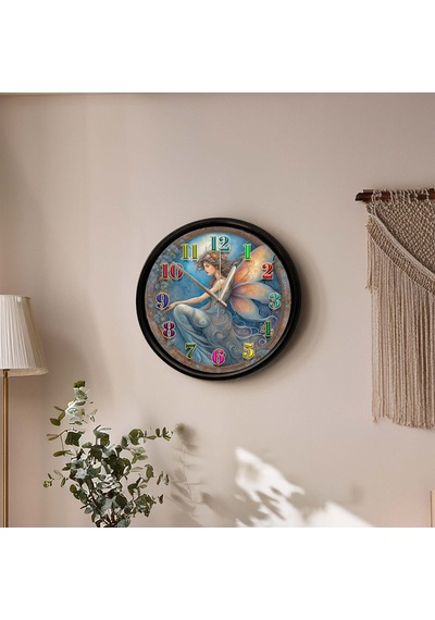 Fantastik Peri Kızı Tasarımlı Dekoratif Duvar Saati 28 Cm Sessiz Mekanizma Çok Renkli