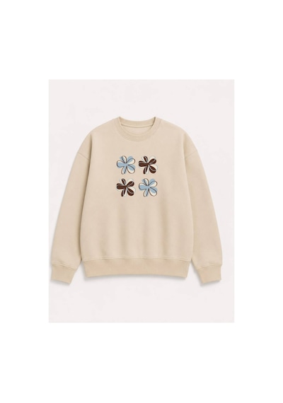 Herkesemoda Çiçek Baskılı 2 İplik Şardonlu Bisiklet Yaka Sweatshirt Bej