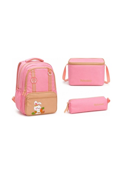 Pink 3 Lü Çanta Okul İlkokul Seti Kalemlik Çanta Beslenme Termoslu Çantası 40 Cm Su Dayanıklı Pembe