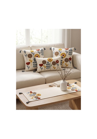 Flora Garden 4 Lü Punch Nakışlı Kırlent & Runner Seti 2 Kare + 1 Dikdörtgen Kırlent Kılıfı + 1 Runner Amerikan Servis Gri