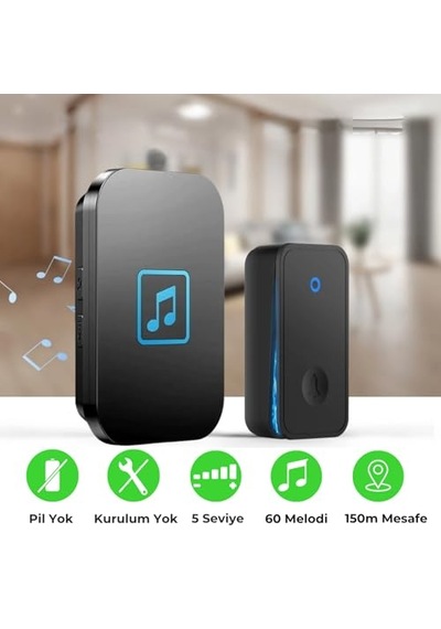 Kablosuz Kapı Zili Seti Pil Gerektirmez, Kinetik Enerjili Kapı Zili Pilsiz Şarjsız Kablosuz Fişi Prize Tak Çalıştır, Led Işıklı, Su Geçirmez, Ev Ofis Villa İçin Uygun 1 Verici + 1 Alıcı