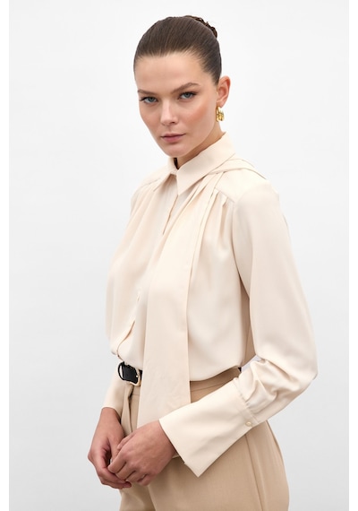 Sateen Fularlı Gömlek - Bej-136900 bej