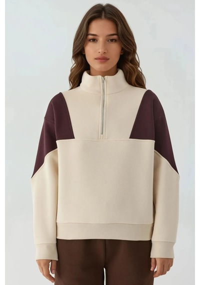 Hiccup Fermuarlı Dik Yaka İçi Şardonlu Sweatshirt Krem Doğal