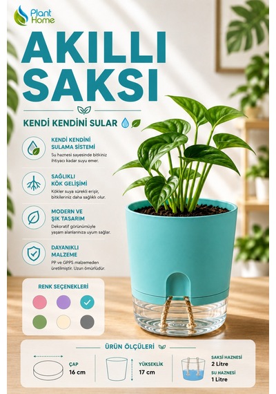 Akıllı Saksı Kendini Sulayan Saksı Otomatik Sulama Sistemli Su Hazneli Dekoratif Saksı 2 Litre