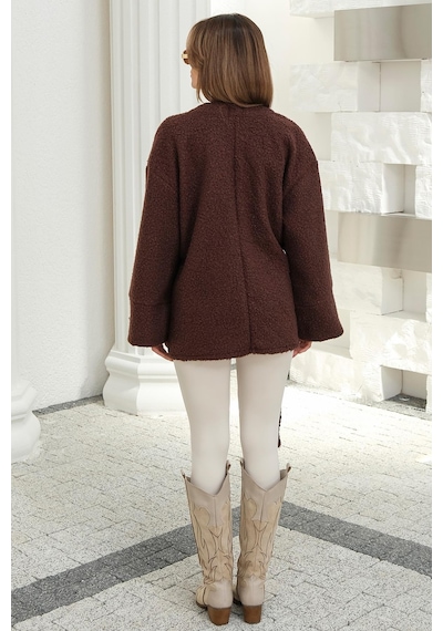 Olcay Önü Bağlamalı Buklet Kimono Ceket Kahve 8265