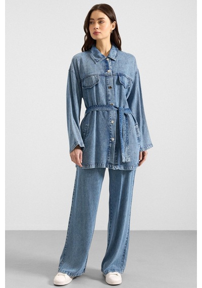 Olcay Çıt Çıt Kapamalı Soft Denim Ceket Pantolon İkili Takım Mavi 9398-tk