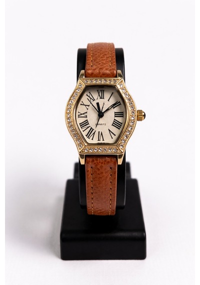 Cazion Kahverengi Deri Kayış Gold Kasa Taş Detaylı Kadın Vintage Retro Saat