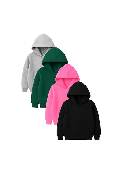 4'lü Kapüşonlu Basic Sweatshirt Seti - Düz Kışlık Şardonlu Kumaş Gri Pembe Siyah Yeşil