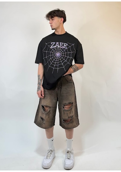 Zaee Spider Taş İşlemeli Oversize Tişört Siyah