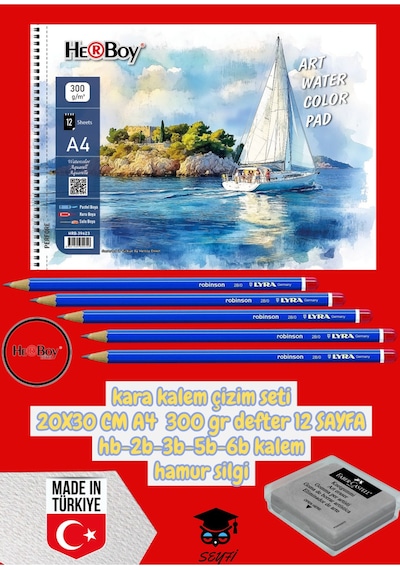 Kara Kalem Çizim Seti 20x30 Cm A4 300 Gr Defter 12 Sayfa Hb-2b-3b-5b-6b Kalem Hamur Silgi Herboy Çok Renkli