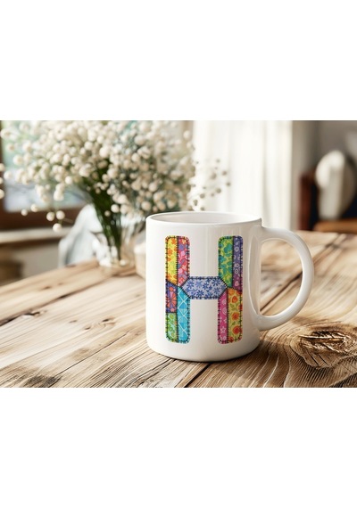 H Harfi Renkli Yamalı Tasarım Kupa Bardak - Bohem Patchwork Desenli Kupa - Etnik Hediyelik Beyaz