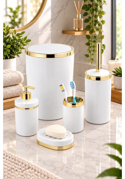 Akrilik Yapım Gold Çizgi 5'Li Yuvarlak Banyo Seti Beyaz